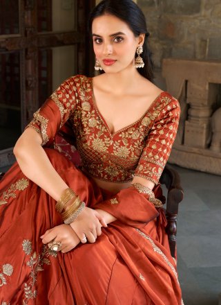 Rust Rangoli A - Line Lehenga Choli with Embroidered, Sequins, Thread and Zari Work