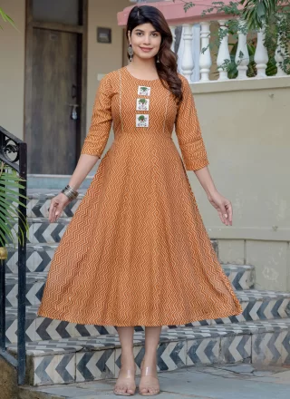 Rust Rayon Print Work Casual Kurti for Casual