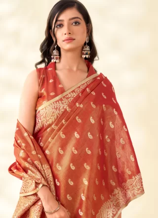 Rust Silk Booti, Weaving and Zari Work Classic Sari