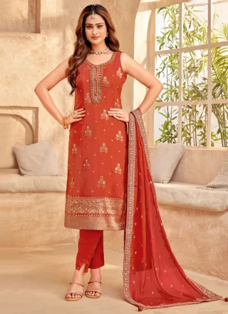 Rust Silk Embroidered, Jacquard and Zari Work Salwar Suit