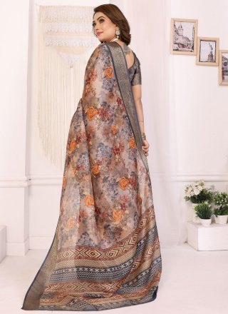Rust Silk Jacquard and Print Work Contemporary Saree