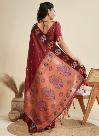Rust Silk Weaving Work Contemporary Saree for Ceremonial