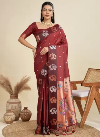 Rust Silk Weaving Work Contemporary Saree for Ceremonial