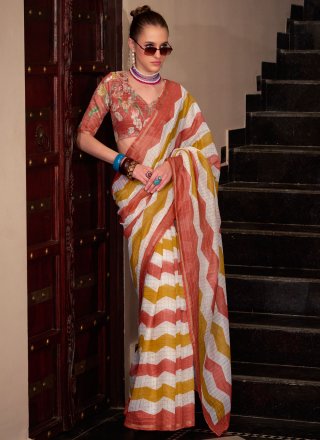Rust Strips Print Work Cotton Silk Contemporary Sari
