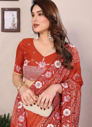 Rust Vichitra Silk Patch Border, Foil Print and Lace Work Designer Saree for Casual