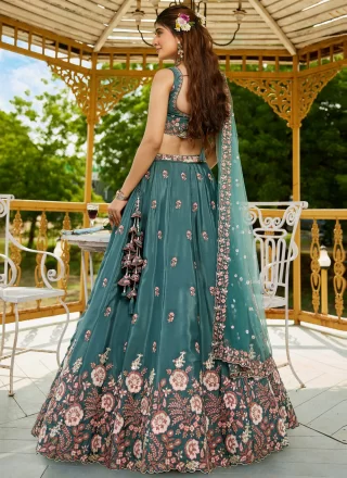 Satin A - Line Lehenga Choli In Morpeach and Teal