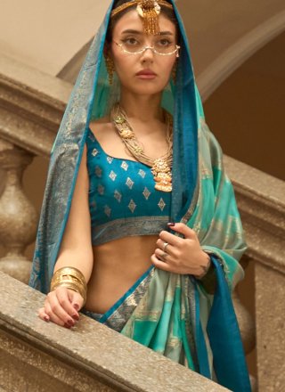 Satin Classic Saree In Turquoise Colour