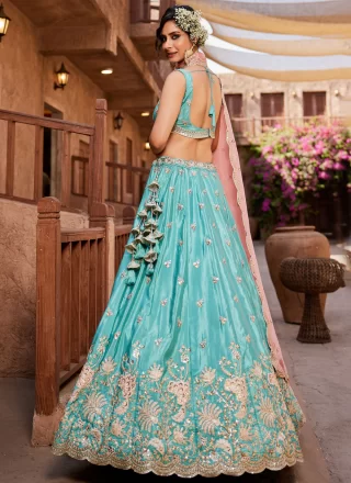 Satin Lehenga Choli In Turquoise Color