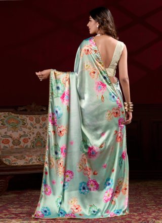 Satin Silk Classic Sari In Aqua Blue Color