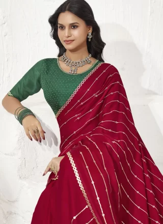 Satin Silk Contemporary Sari In Red Color