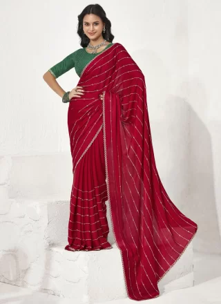 Satin Silk Contemporary Sari In Red Color