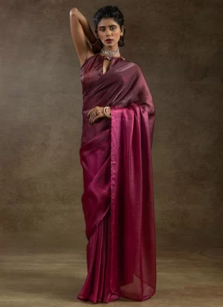 Satin Silk Shaded Saree In Rani Color