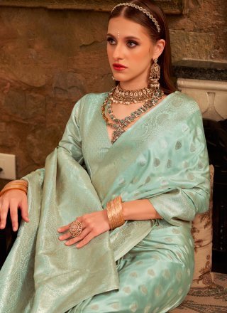 Satin Silk Traditional Saree In Sea Green Color