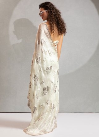 Satin Silk Trendy Saree In Off White Color