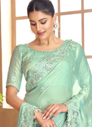 Satin Traditional Saree In Aqua Blue