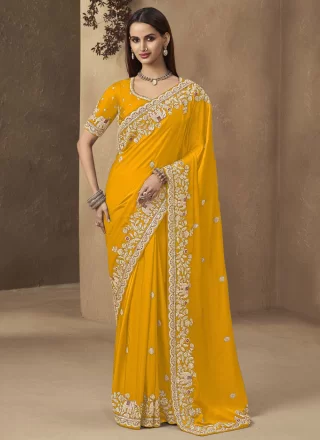Satin Trendy Saree In Yellow
