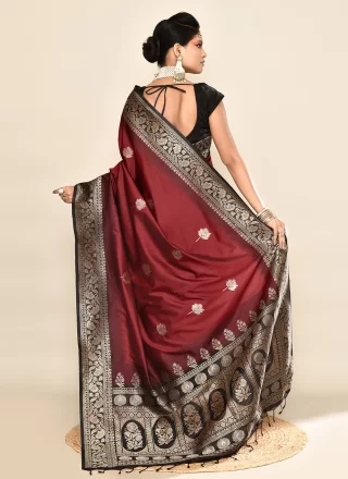 Savory Black and Maroon Silk Classic Saree with Patch Border, Plain and Weaving Work