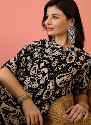 Savory Black Rayon Designer Kurti with Fancy and Print Work