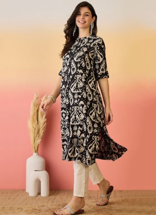 Savory Black Rayon Designer Kurti with Fancy and Print Work