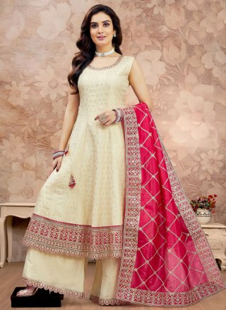 Scintillating Cream Silk Readymade Salwar Suit with Embroidered, Jacquard and Zari Work
