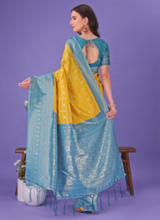 Sea Green and Yellow Silk Trendy Saree with Woven Work