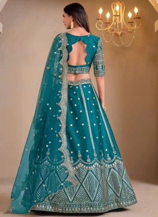 Sea Green Art Silk Embroidered and Mirror Work Lehenga Choli