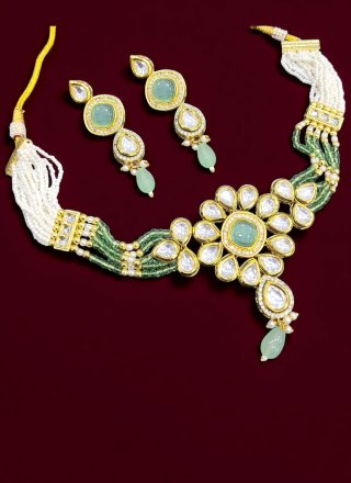 Sea Green Beads and Stone Work Necklace Set