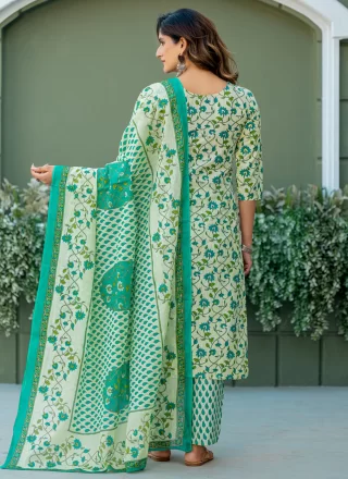 Sea Green Blended Cotton Salwar Suit with Print Work for Casual