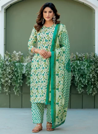 Sea Green Blended Cotton Salwar Suit with Print Work for Casual