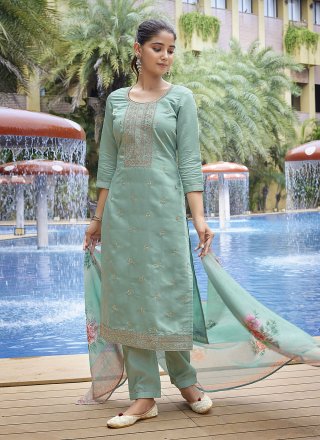 Sea Green Chanderi Embroidered and Print Work Pant Style Suit