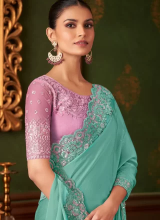 Sea Green Chiffon Patch Border, Embroidered and Sequins Work Contemporary Sari for Ceremonial