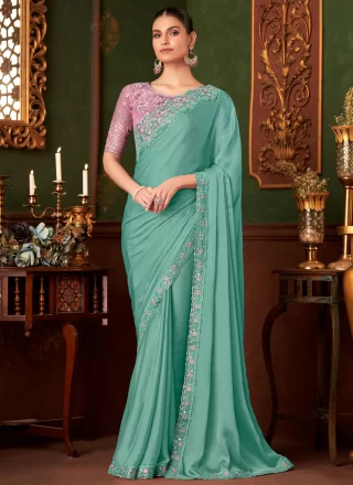 Sea Green Chiffon Patch Border, Embroidered and Sequins Work Contemporary Sari for Ceremonial