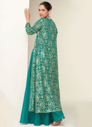 Sea Green Chinon Embroidered Work Palazzo Salwar Suit for Women