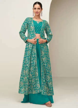 Sea Green Chinon Embroidered Work Palazzo Salwar Suit for Women