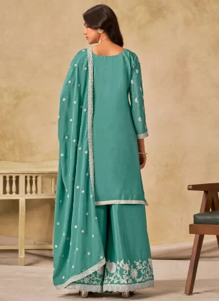Sea Green Chinon Palazzo Salwar Suit with Embroidered Work