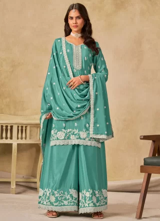 Sea Green Chinon Palazzo Salwar Suit with Embroidered Work