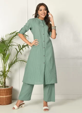 Sea Green Cotton Casual Kurti with Buttons Work