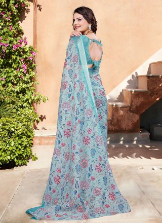 Sea Green Cotton Classic Saree with Patch Border and Digital Print Work