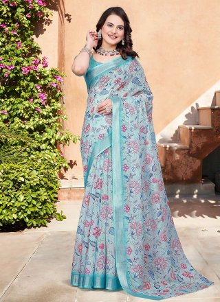 Sea Green Cotton Classic Saree with Patch Border and Digital Print Work