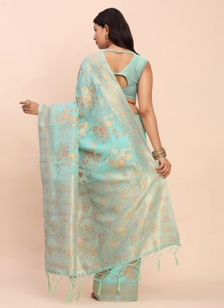 Sea Green Cotton Classic Saree with Woven Work