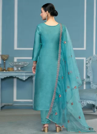 Sea Green Cotton Embroidered Work Salwar Suit