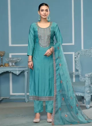 Sea Green Cotton Embroidered Work Salwar Suit