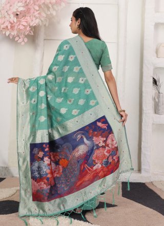 Sea Green Cotton Floral Patch and Woven Work Classic Sari