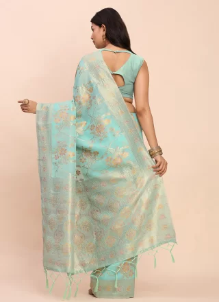 Sea Green Cotton Jacquard and Weaving Work Classic Saree