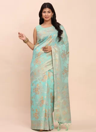 Sea Green Cotton Jacquard and Weaving Work Classic Saree