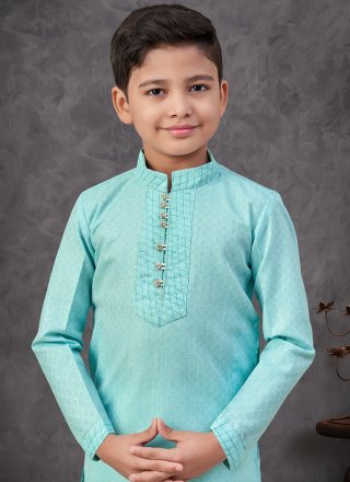 Sea Green Cotton Kurta Pyjama with Thread Work for Kid