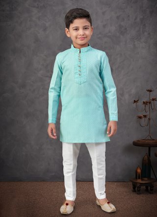 Sea Green Cotton Kurta Pyjama with Thread Work for Kid