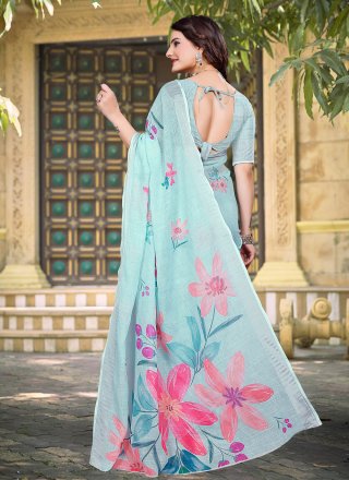 Sea Green Cotton Patch Border and Digital Print Work Contemporary Sari