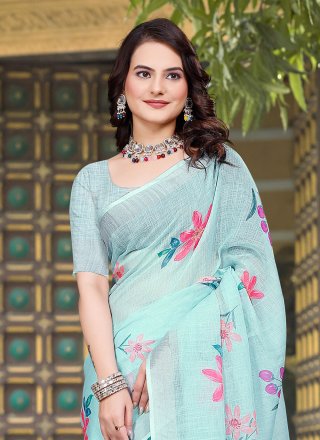 Sea Green Cotton Patch Border and Digital Print Work Contemporary Sari