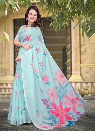 Sea Green Cotton Patch Border and Digital Print Work Contemporary Sari